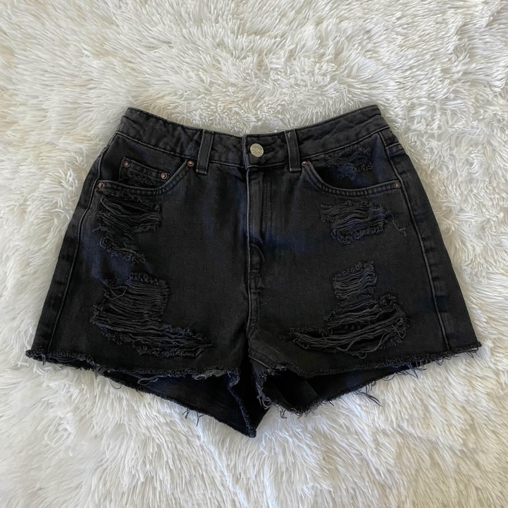 Topshop Moto Mom Black Distressed High Waist Jean Denim Shorts Size 8